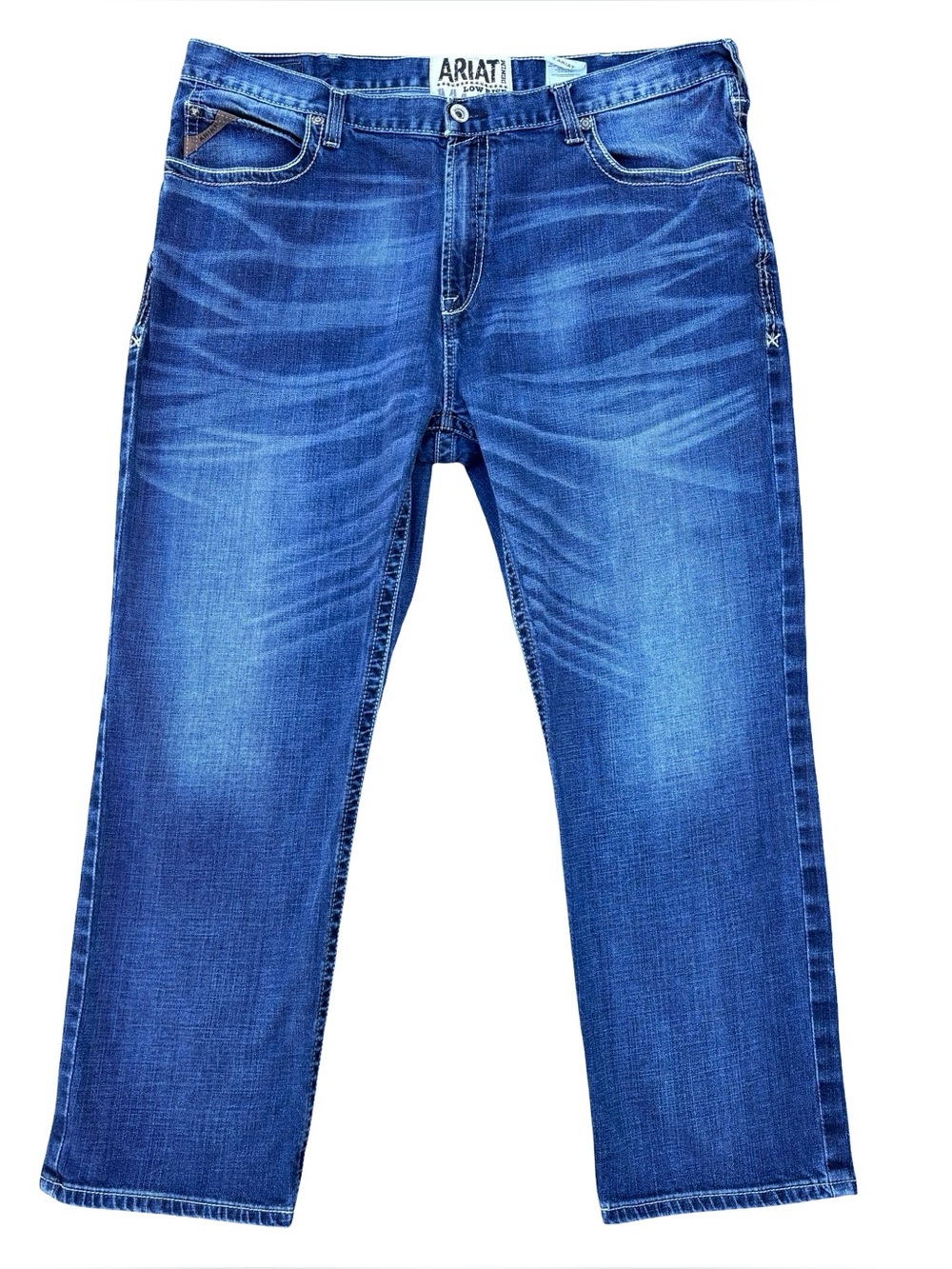 Ariat M4 Bootcut Jeans Mens 44x32 Blue Low Rise Whiskered Denim Rodeo Western